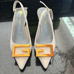 White Slingback Heels with Gold Accent